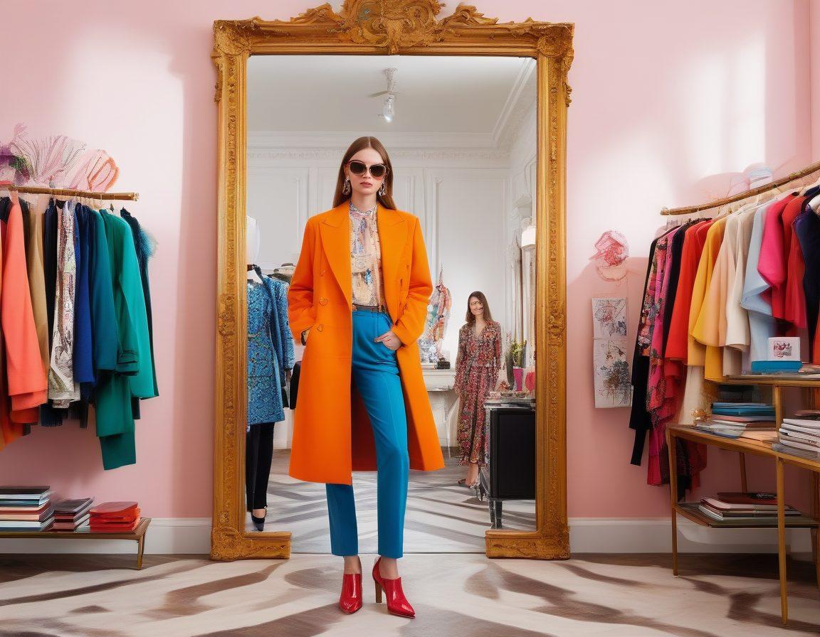 A stylish individual standing before a mirror, experimenting with various outfits and accessories, surrounded by fashion sketches and style books. The scene captures a blend of vibrant colors reflecting confidence and creativity, with elements of personal transformation such as a before-and-after wardrobe display. Illustration evokes a sense of empowerment and discovery in fashion. vector art. vibrant colors. modern aesthetic.